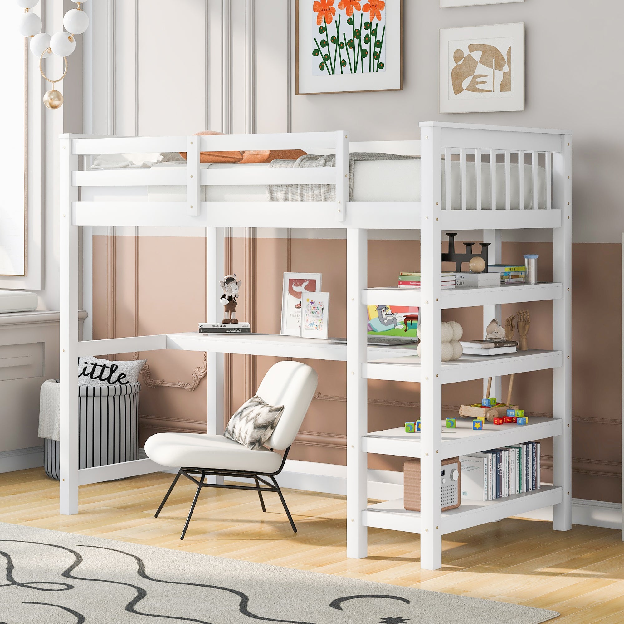 Twin Size Loft Bed with Storage Shelves and Under-bed Desk  White