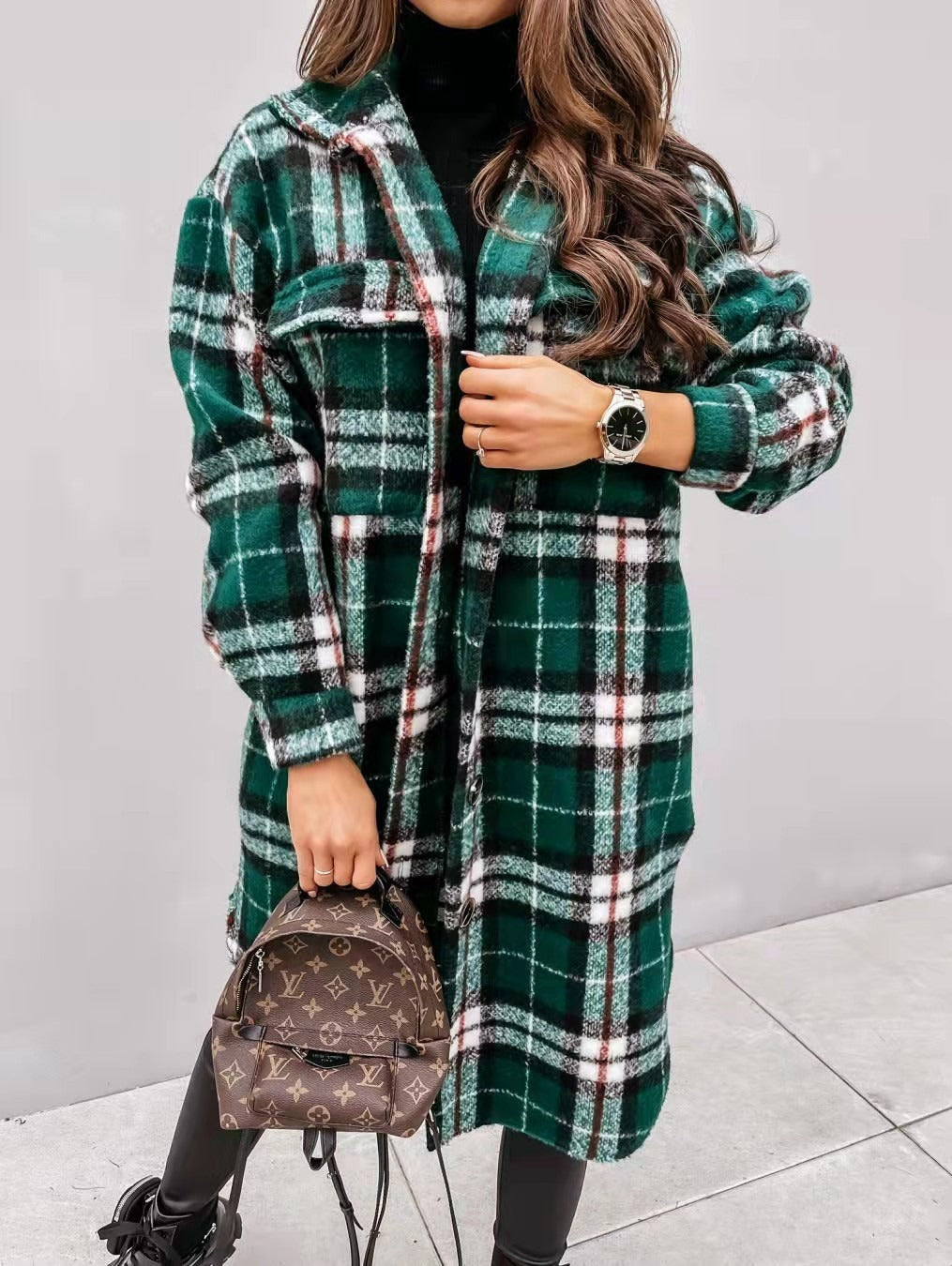 Spring And Autumn New Women's Plaid Brushed Medium Long Woolen Coat