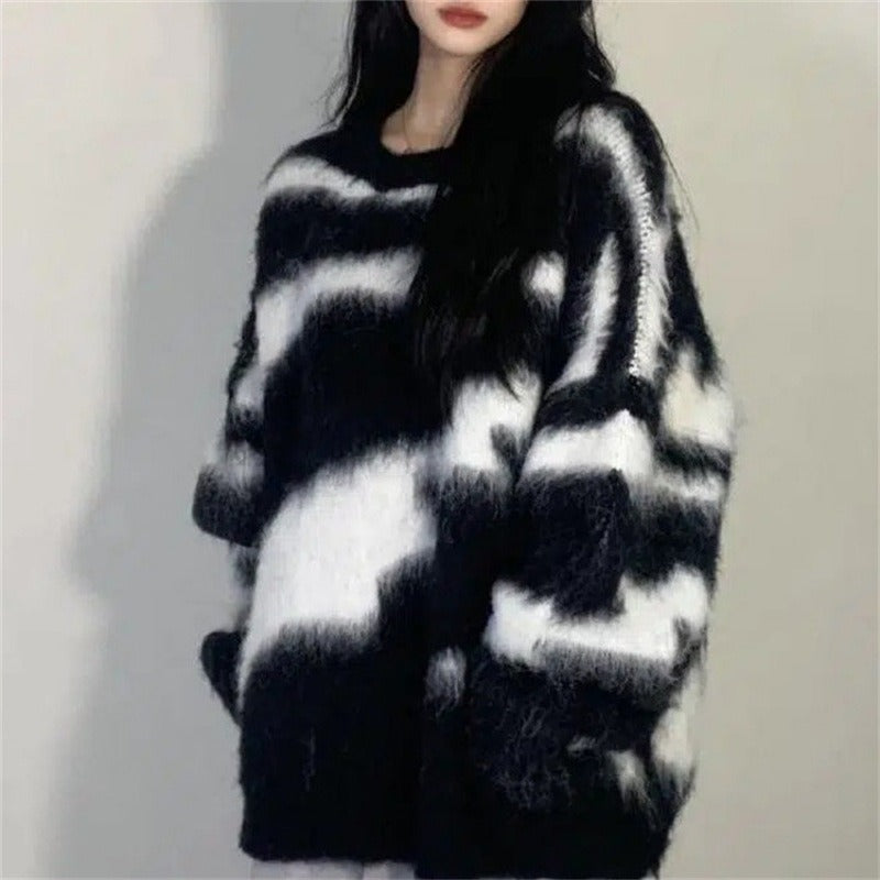 Mid-length imitation mink striped sweater for women in autumn and winter Korean style loose thickened lazy style round neck knitted sweater for women