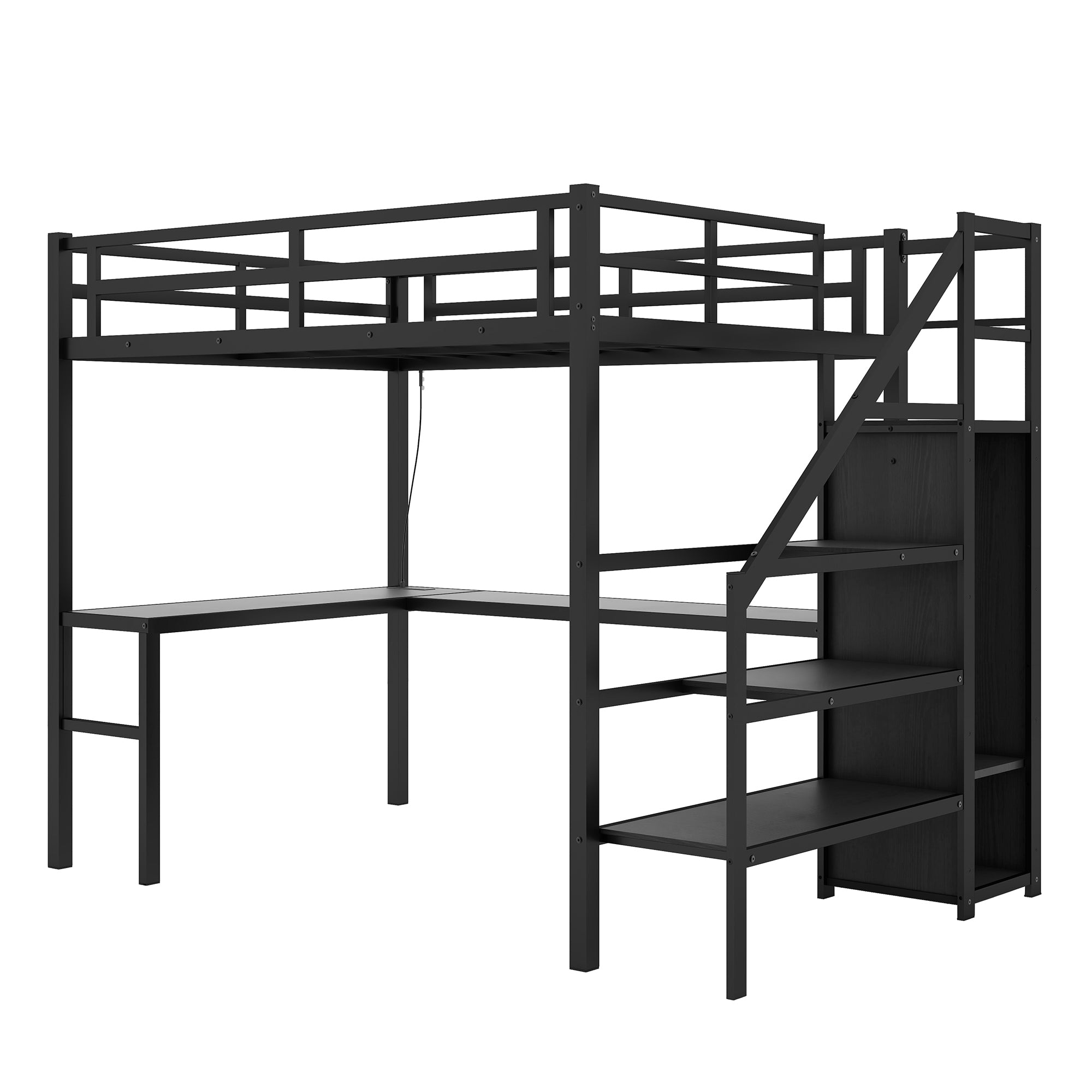 Twin XL loft bed with L-shaped desk and USB, metal loft bed with wardrobe and adjustable shelf, LED loft bed, black