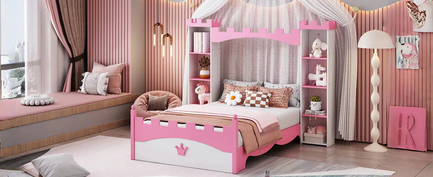 Castle-Shaped Wooden Bed with Storage Shelf, Dreamy Twin Size Platform Bed for Kids Bedroom, White + Pink