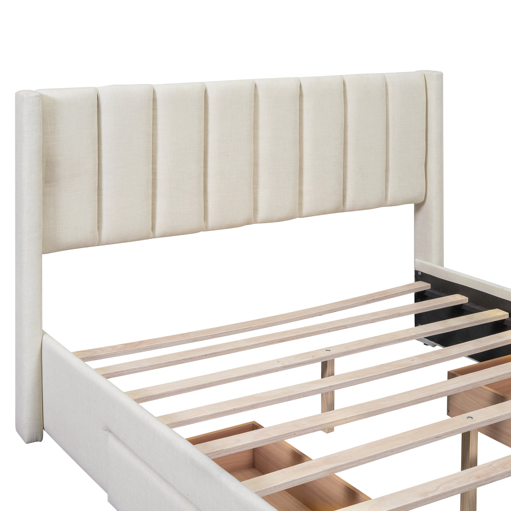 Full Size Upholstered Platform Bed with One Large Drawer in the Footboard and Drawer on Each Side Beige