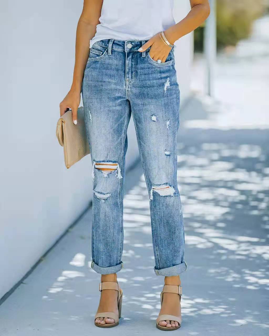 European And American Fashion Trend Ripped Jeans Women Trousers Bluet