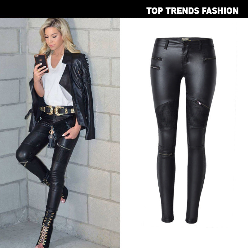 Women's Faux Leather Denim Skinny Pants Multi-Zip Motorcycle Model Plus Size