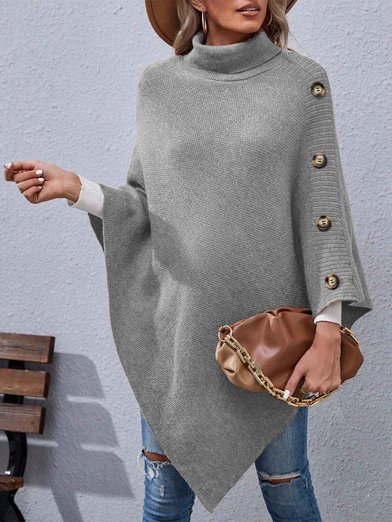 Autumn And Winter New Button High Collar Irregular Sweater Cape Women