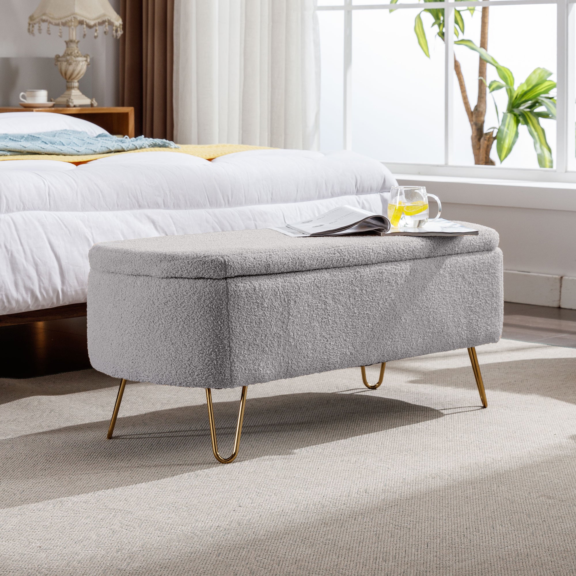 Grey Storage Ottoman Bench for End of Bed Gold Legs Modern Grey Faux Fur Entryway Bench