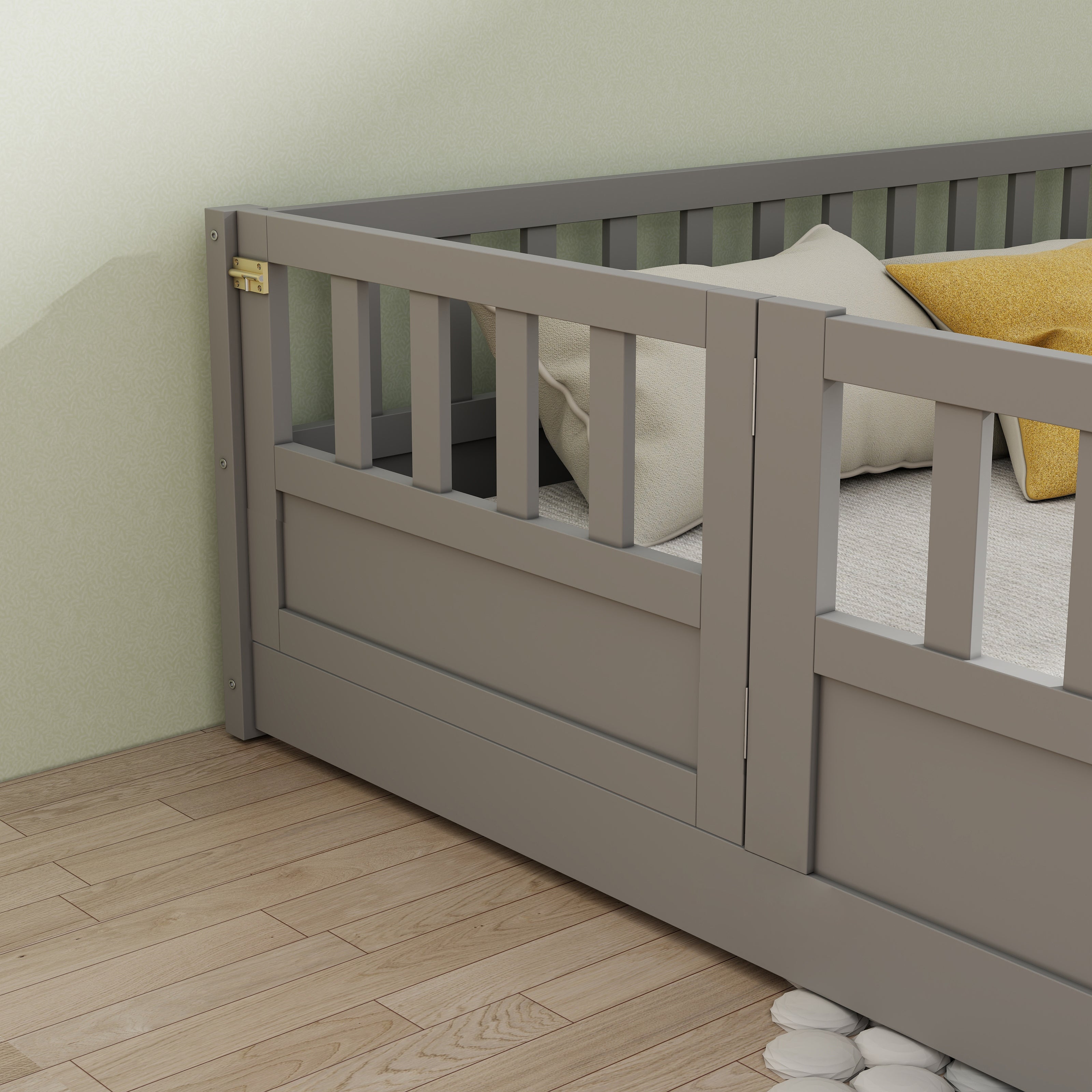 Cama de piso de tamaño completo, marco de cama de piso para niños, cama de piso de madera Montessori, soporte Fideos planos grises