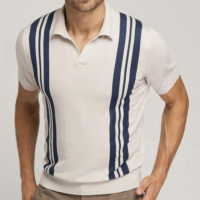 Striped short sleeved knit sweater slim fit lapel casual polo shirt