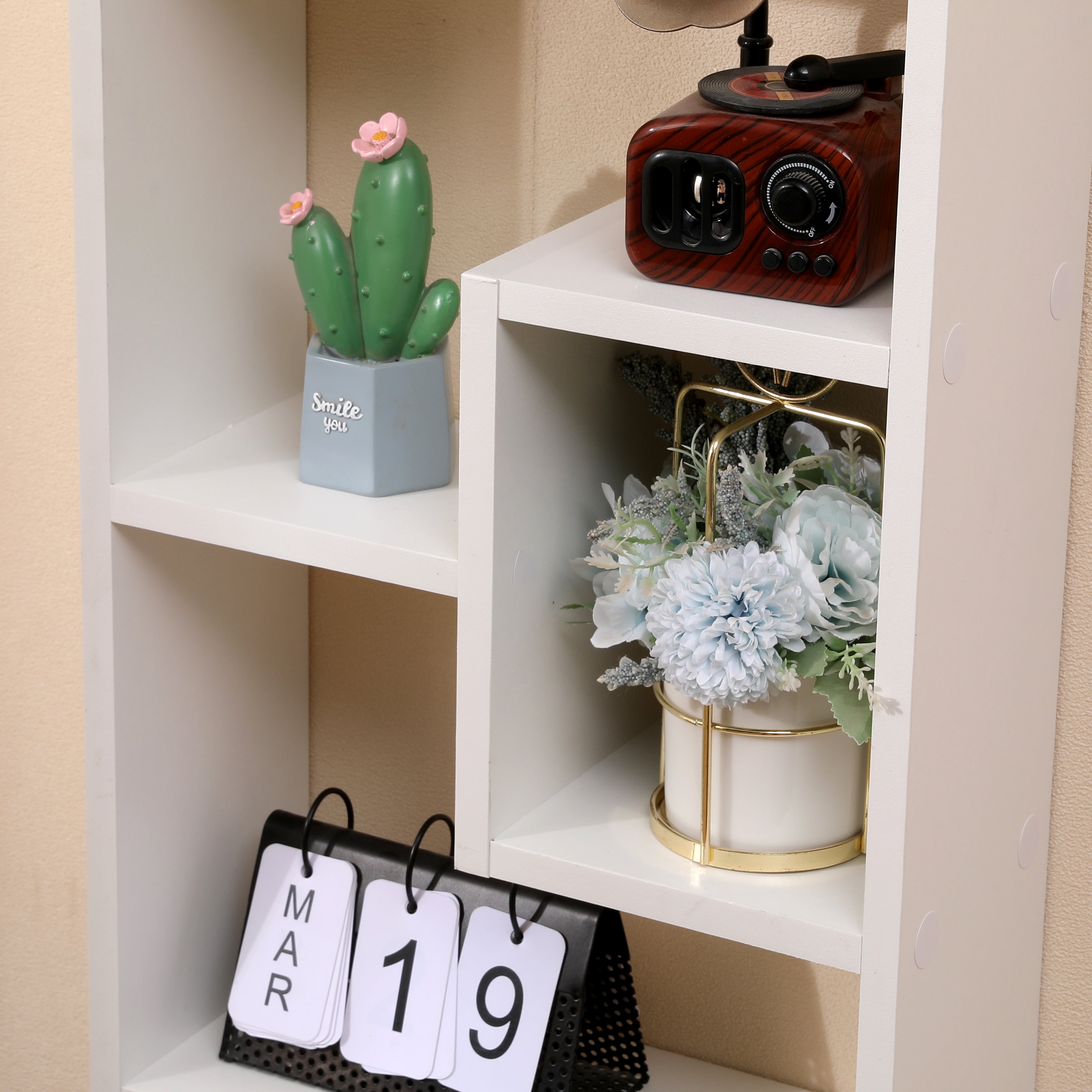 Bookshelf, Freestanding Wood Open Bookcase with 5 Cubes, with 2 keyhole hangers, Home Office Décor Rectangular Storage