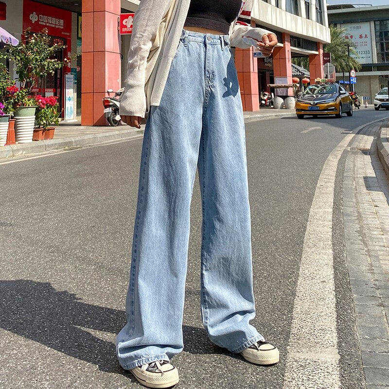 Pantalones vaqueros de mujer, cintura alta, ropa de mezclilla de pierna ancha, ropa de calle azul, pantalones rectos de moda vintage de calidad 2020