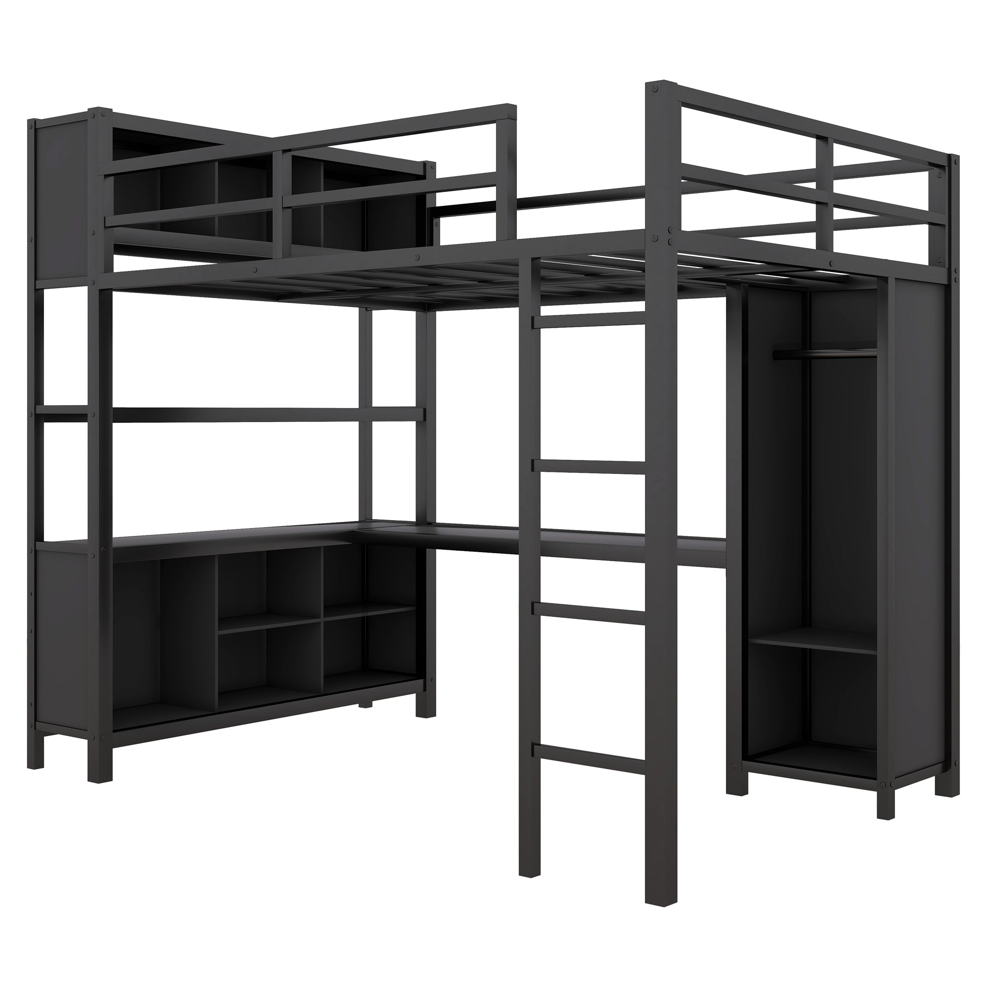 Metal loft bed with wardrobe and L-shaped desk, full-size loft bed with storage cabinet and shelf, heavy-duty loft bed, black