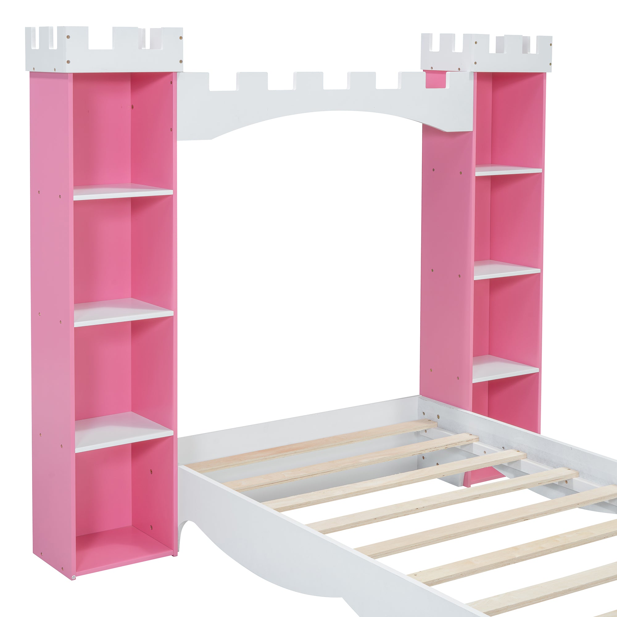 Cama de madera en forma de castillo con estante de almacenamiento, cama de plataforma de tamaño doble de ensueño para dormitorio infantil, rosa y blanco