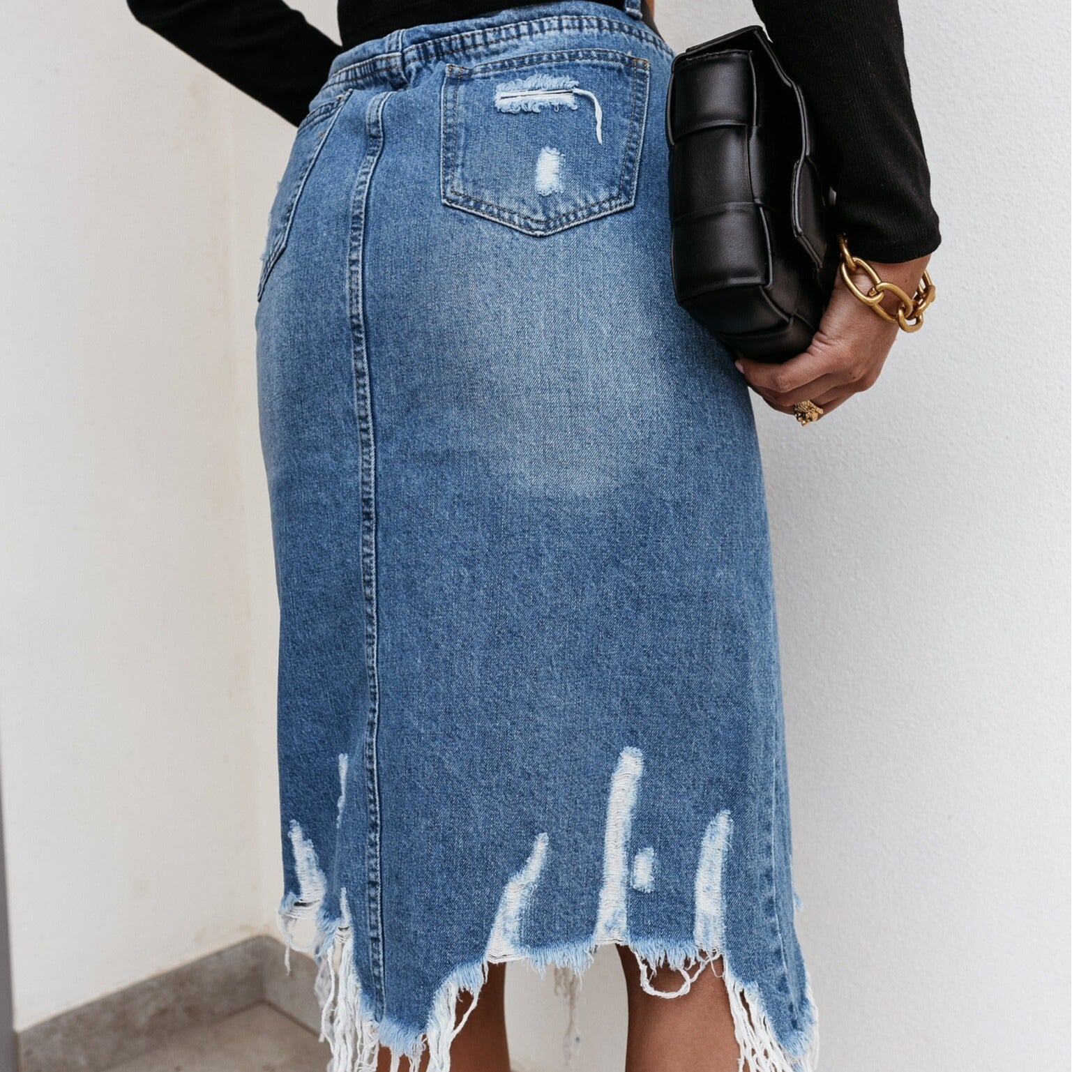 New Women's Ripped Irregular Denim Skirt Fashion Mid Length Tassel Jeans Skirt Casual Female Clothing