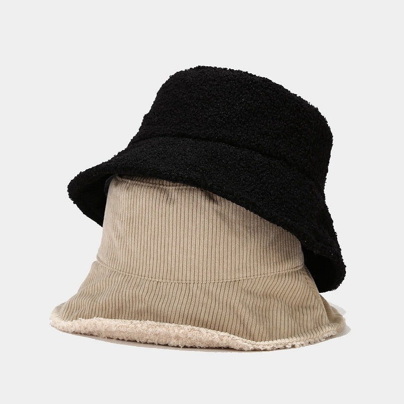 New Women Plus Plush Corduroy Bucket Hat Female Solid Winter Solid Streetwear Warmer Folding Big Wide Visor Vintage Flat Hats