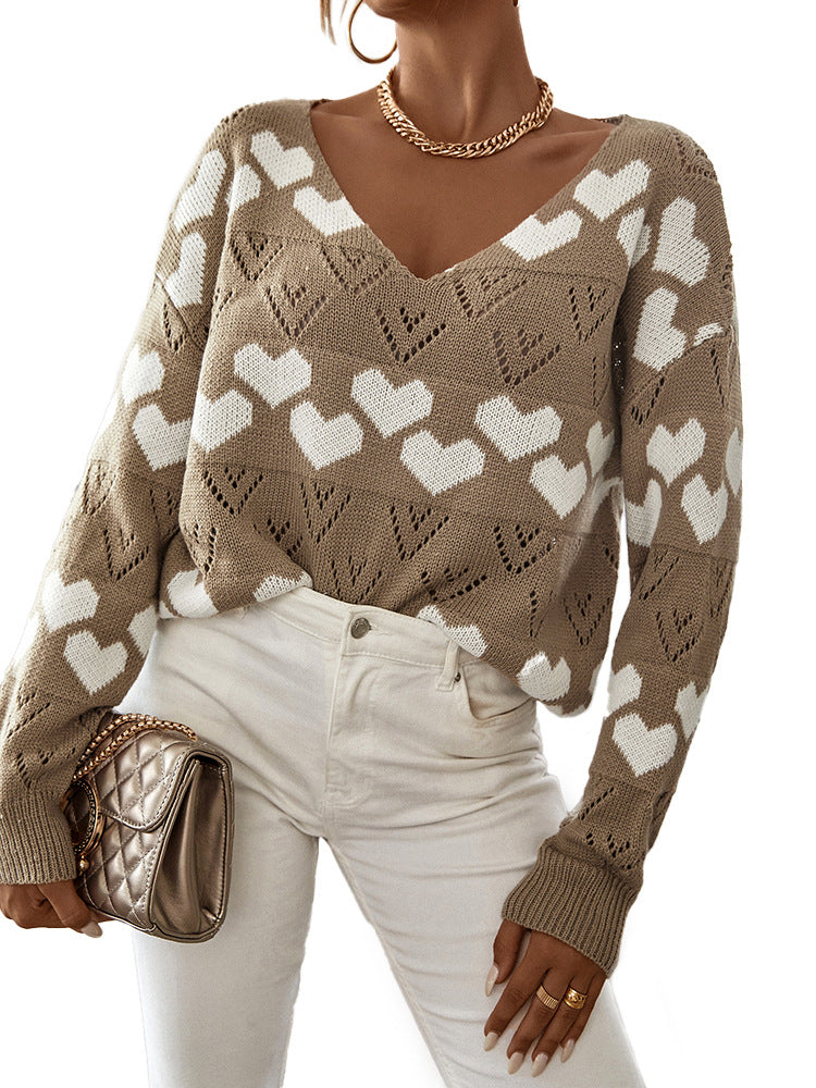 Autumn And Winter New Sweater V-Neck Love Pattern Sweater Loose Fashion Women's Wear