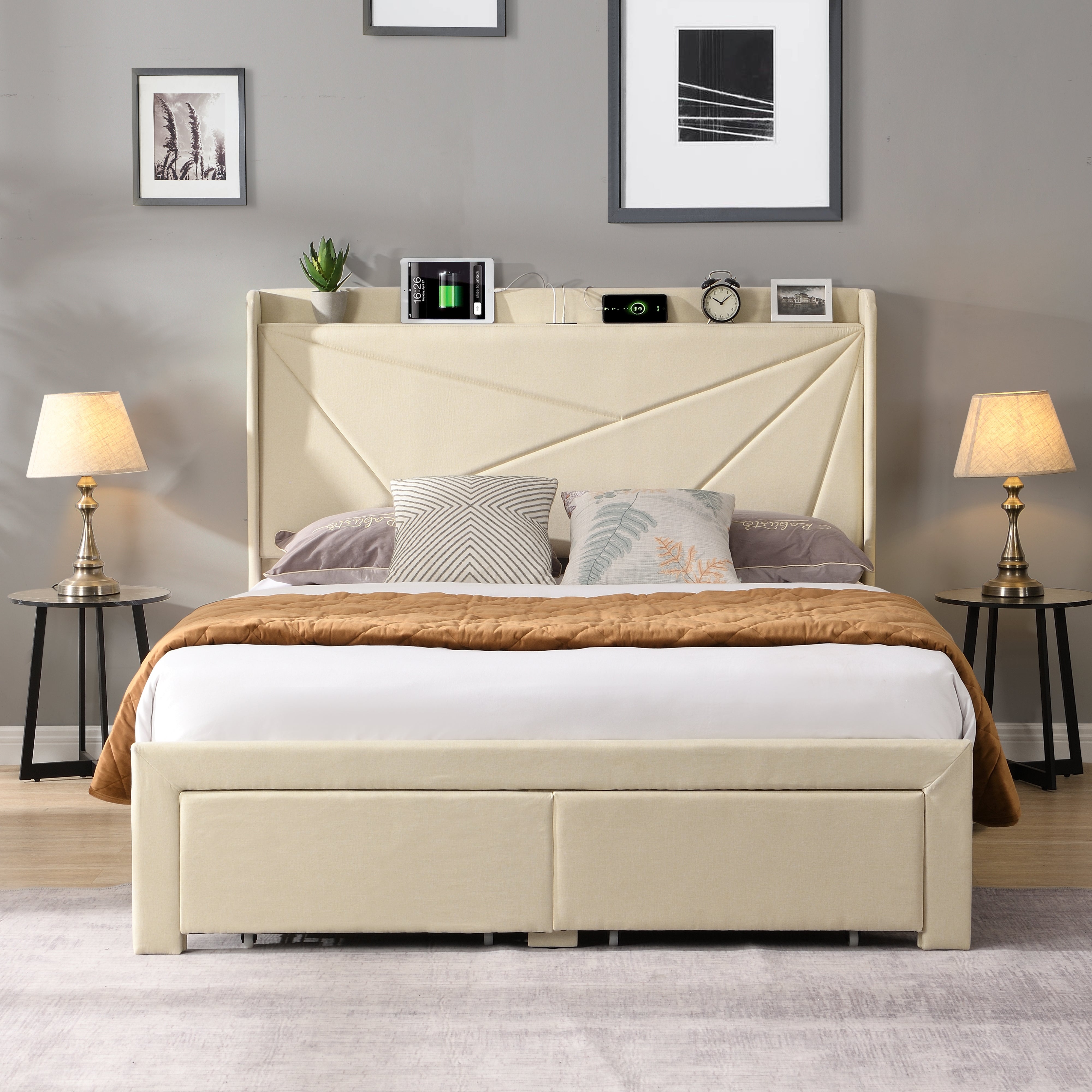 Marco de cama de tamaño completo con 2 cajones de almacenamiento Marco de cama tapizado beige