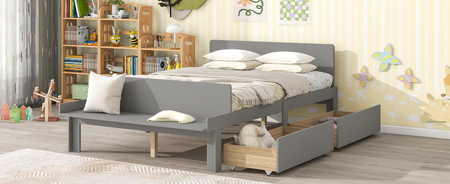 Full Bed with Footboard Bench 2 drawers Grey