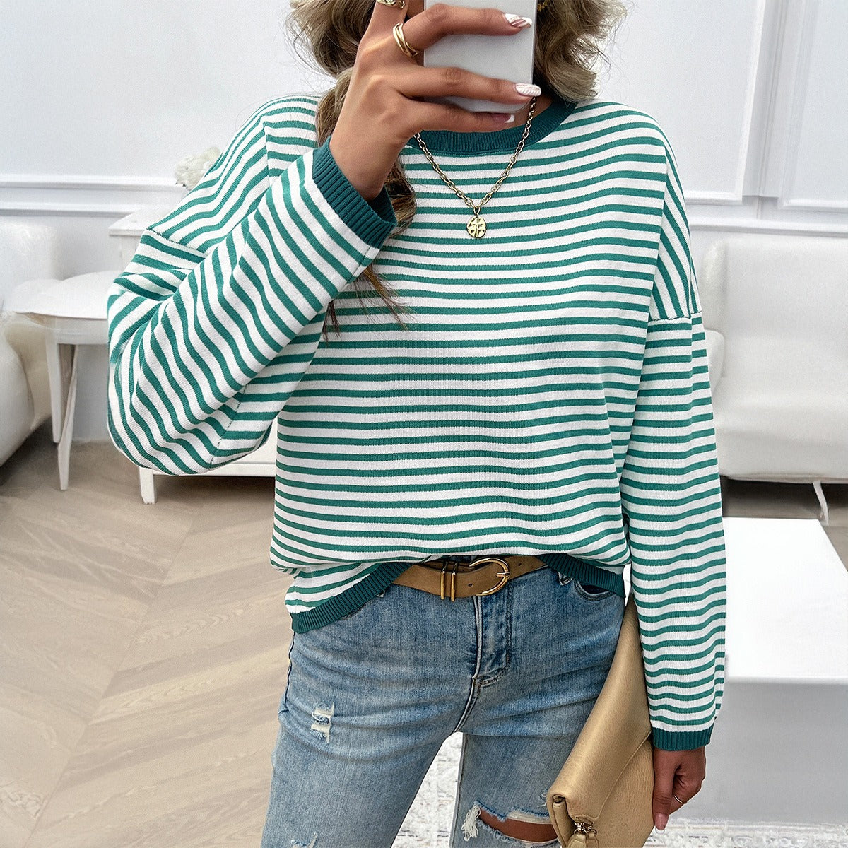 European and American autumn and winter tops, women's temperament, casual round neck striped sweater