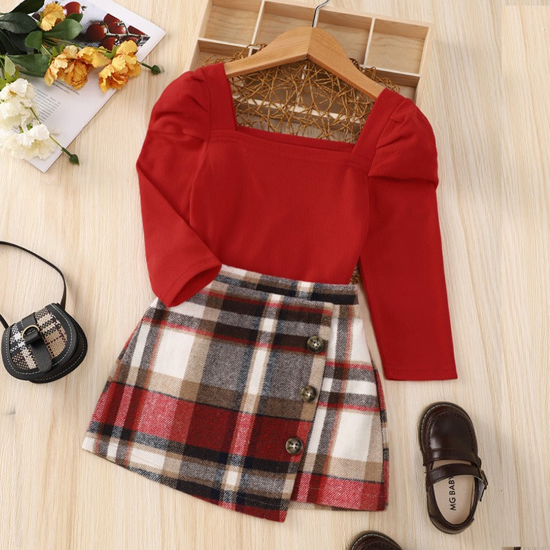 Robe rouge à manches longues pour enfants de mi-automne, costume tartan