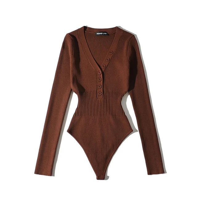 Women Long Sleeve V-neck Buttons Bodysuit Solid Color Elastic Slim Waist Jumpsuits Sexy Tops