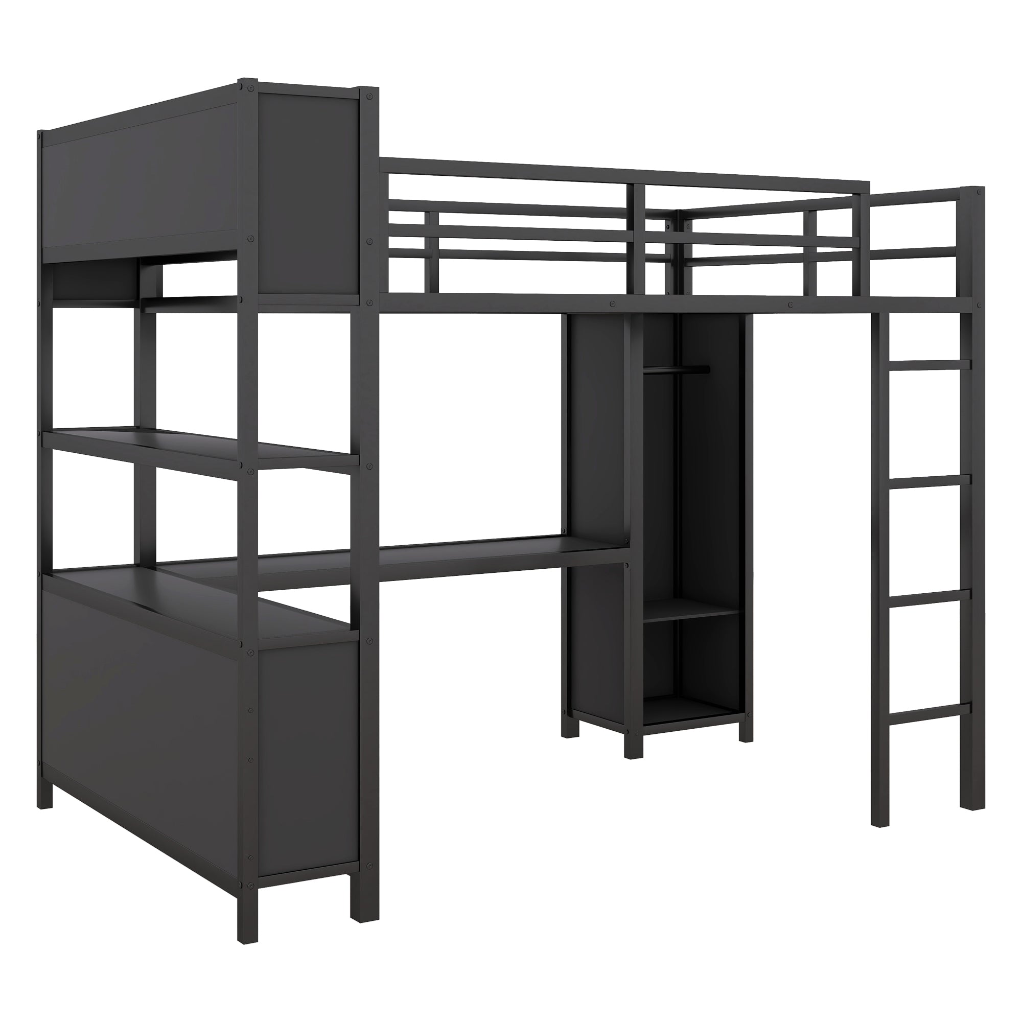 Metal loft bed with wardrobe and L-shaped desk, full-size loft bed with storage cabinet and shelf, heavy-duty loft bed, black