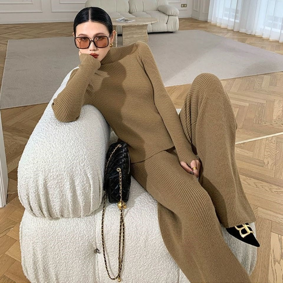 Autumn And Winter Suit Female Celebrity Temperament Turtleneck Sweater Wide Leg Pants Sweater Jacket Slimming Three-Piece Set