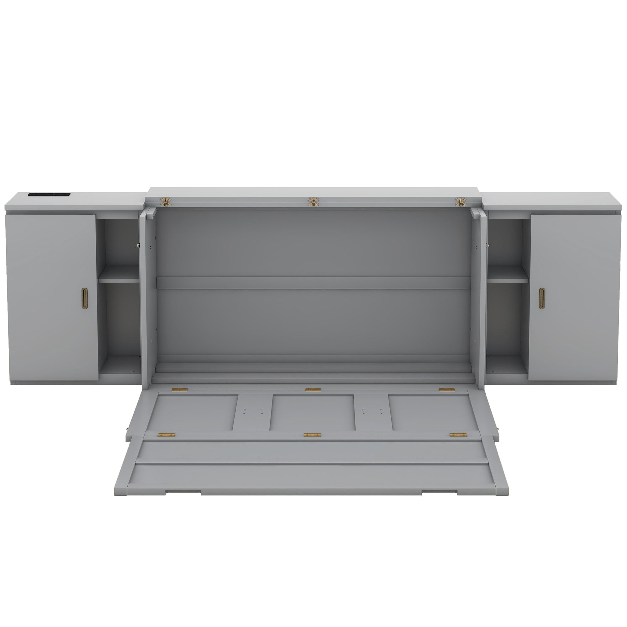 Queen Size Murphy Bed with Shelves, Cabinets and USB Ports,Gray