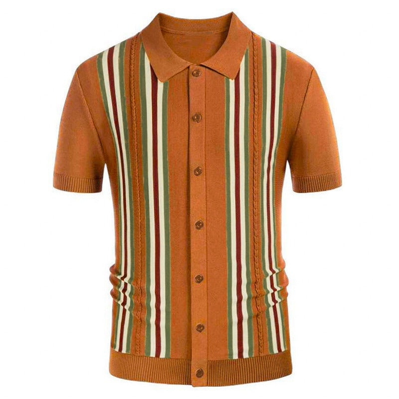 Green striped short sleeved slim fit business polo shirt knit sweater