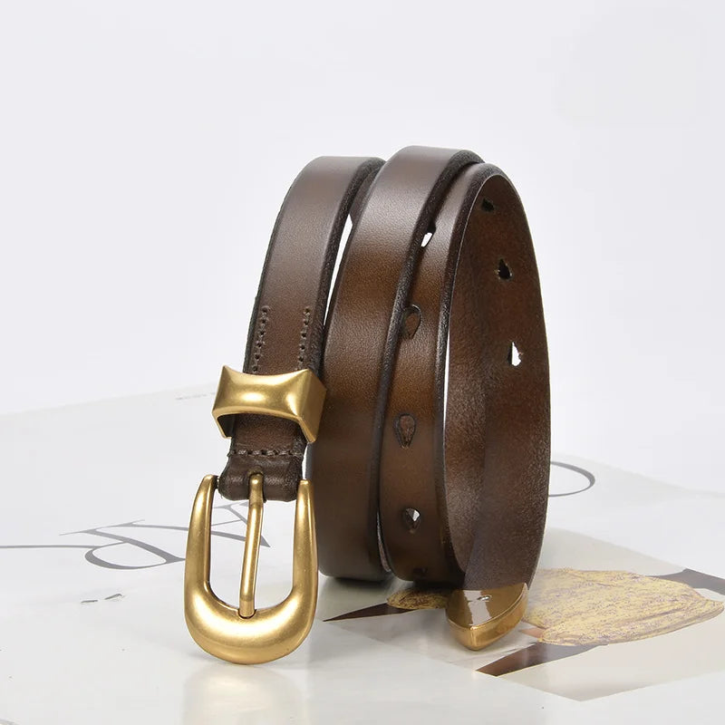 High-grade Gold Vintage Button Leather Top Belt