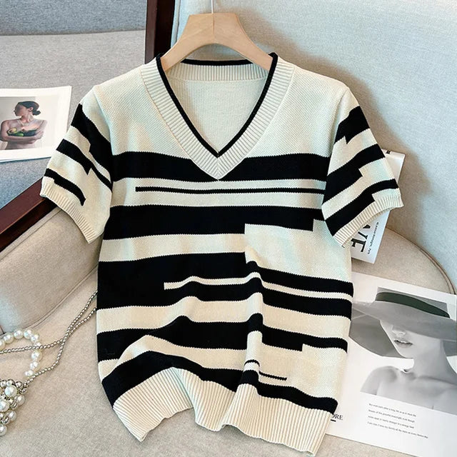 Short Sleeve Splicing stripe Oversized Women Sweater