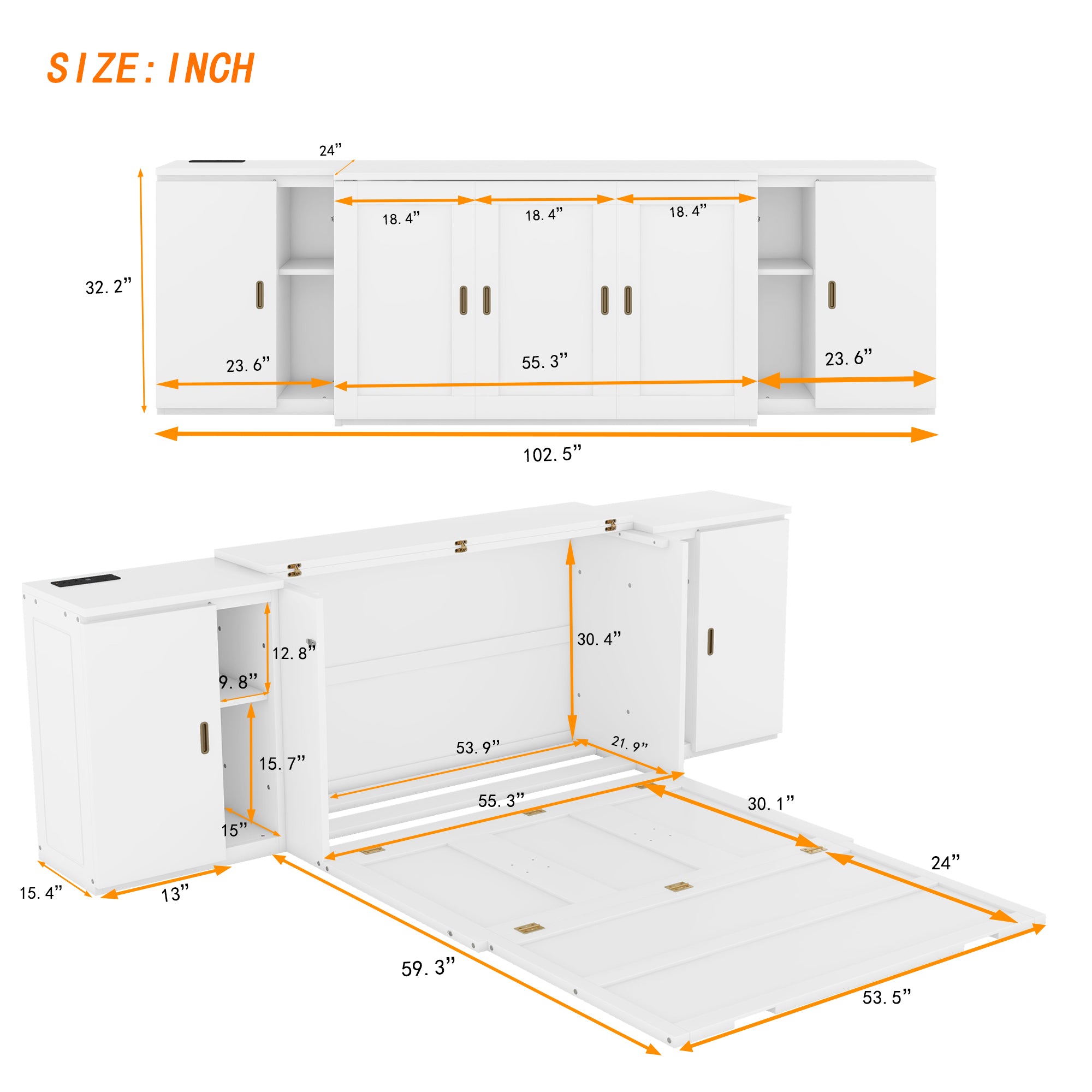 Full Size Murphy Bed with Shelves, Cabinets and USB Ports,White