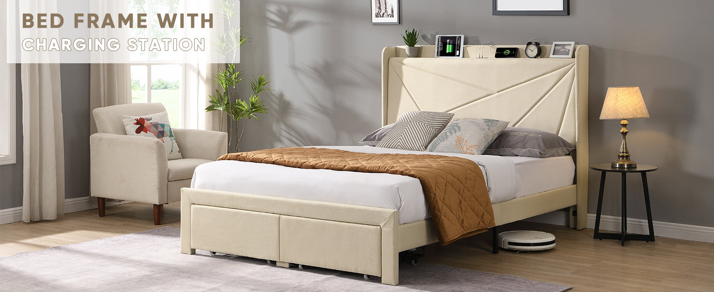 Full Size Bed Frame with 2 Storage Drawers Upholstered Bed Frame Beige