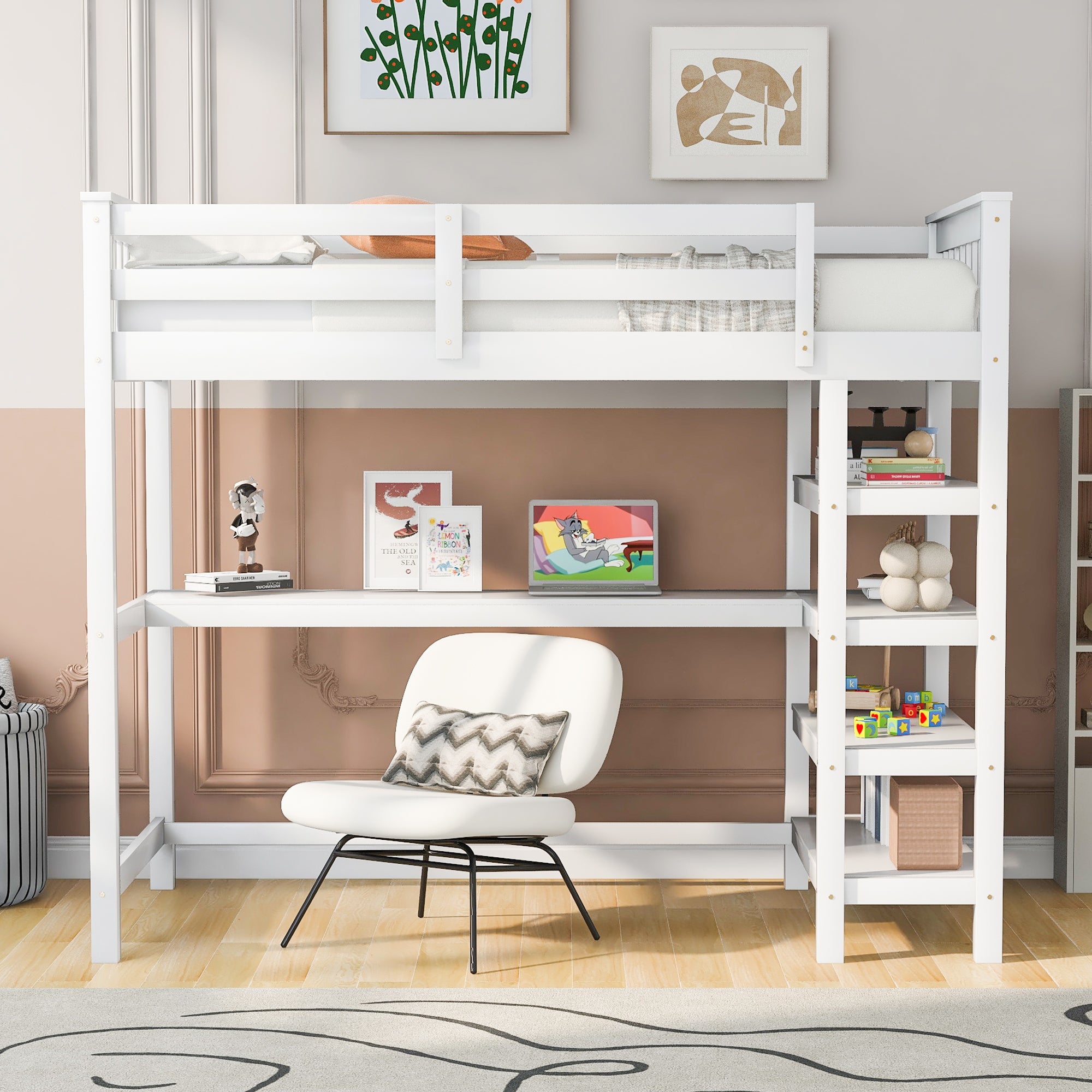 Twin Size Loft Bed with Storage Shelves and Under-bed Desk  White