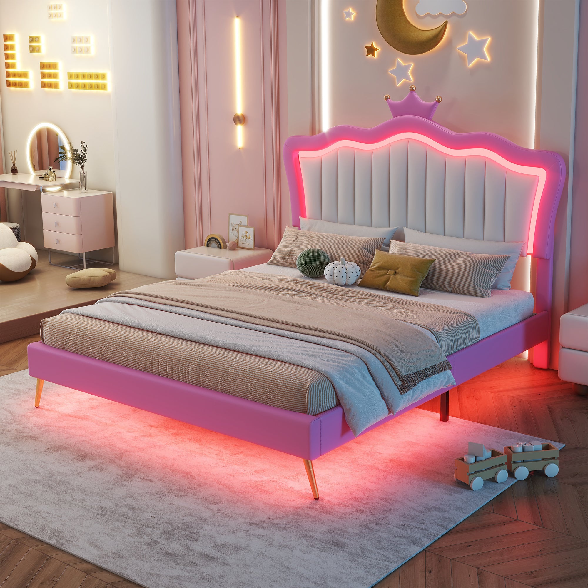 Cadre de lit rembourré pleine grandeur avec lumières LED, lit de princesse rembourré moderne avec tête de lit couronne, rose + blanc