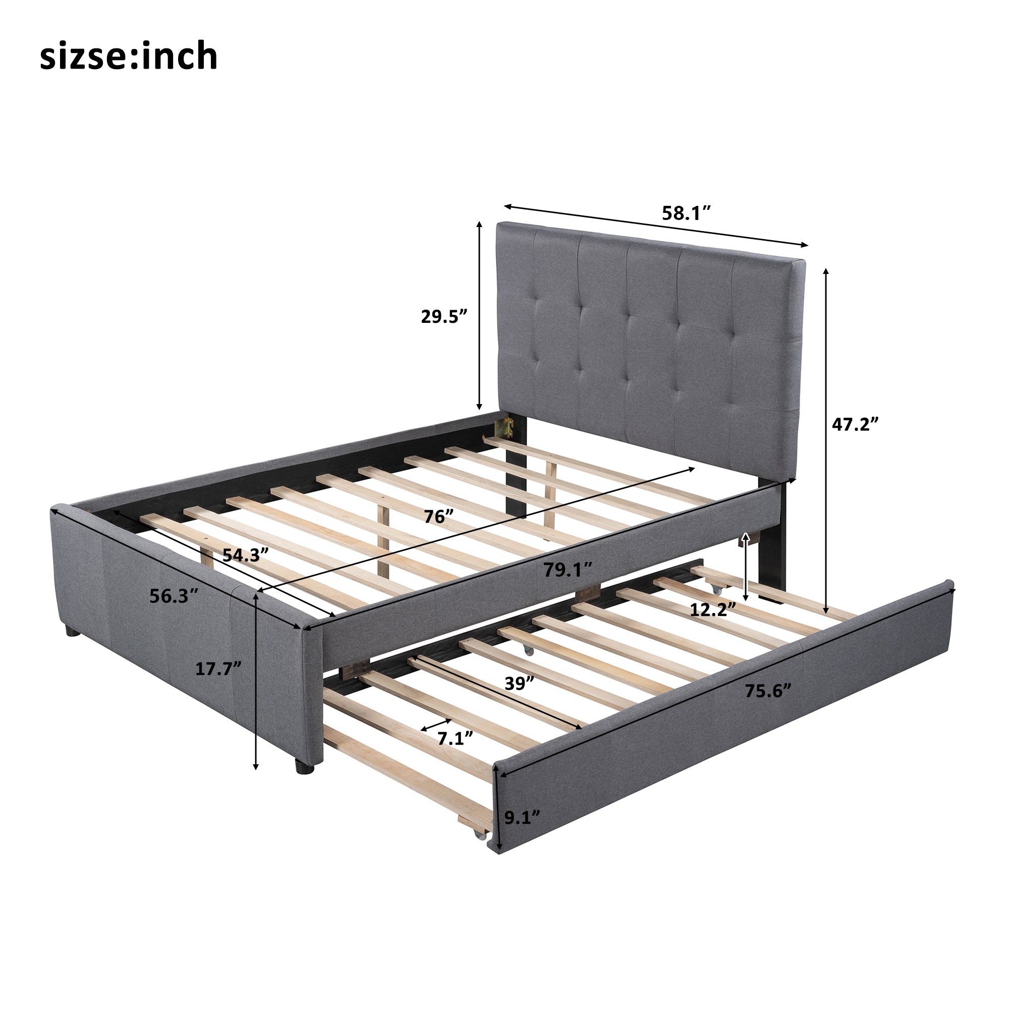 Linen Upholstered Platform Bed With Headboard and Trundle Full