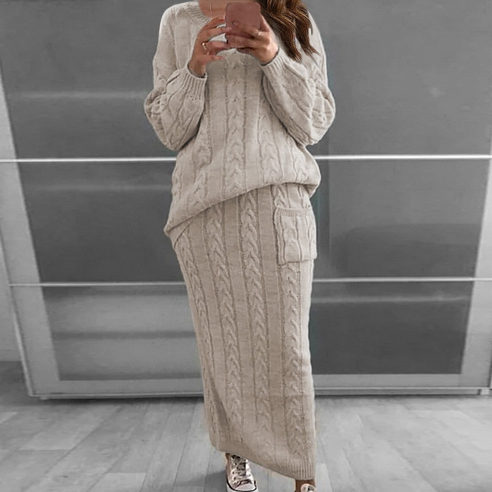 Women Winter Knitted Sweater Tops And Skirt Autumn Slim Crop Tops Women Sweater Skirts 2 Piece Sets