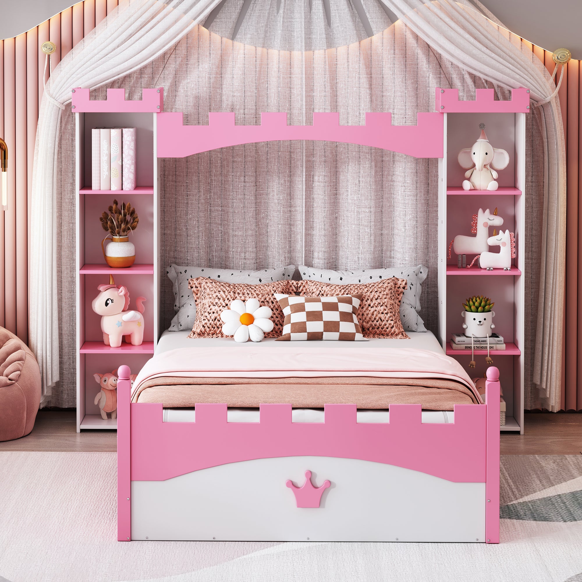 Castle-Shaped Wooden Bed with Storage Shelf, Dreamy Twin Size Platform Bed for Kids Bedroom, White + Pink