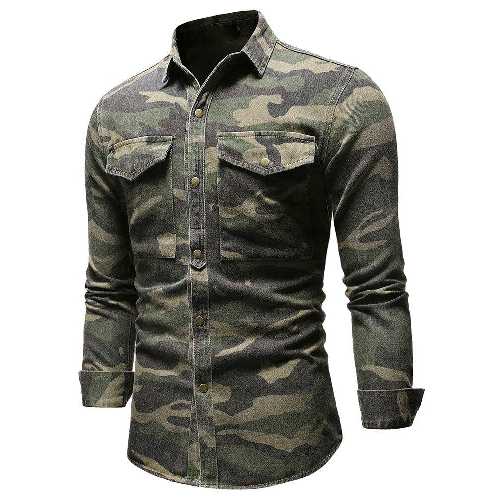 Spring Autumn Camouflage Denim Shirt for Man Army Green Long Sleeved Loose Jeans Shirts Men's Blouse