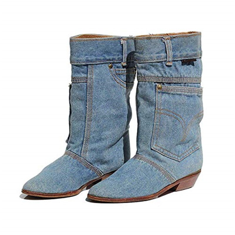 Low Heel Denim Casual Denim Boot Ladies Autumn Winter Cowboy Boots