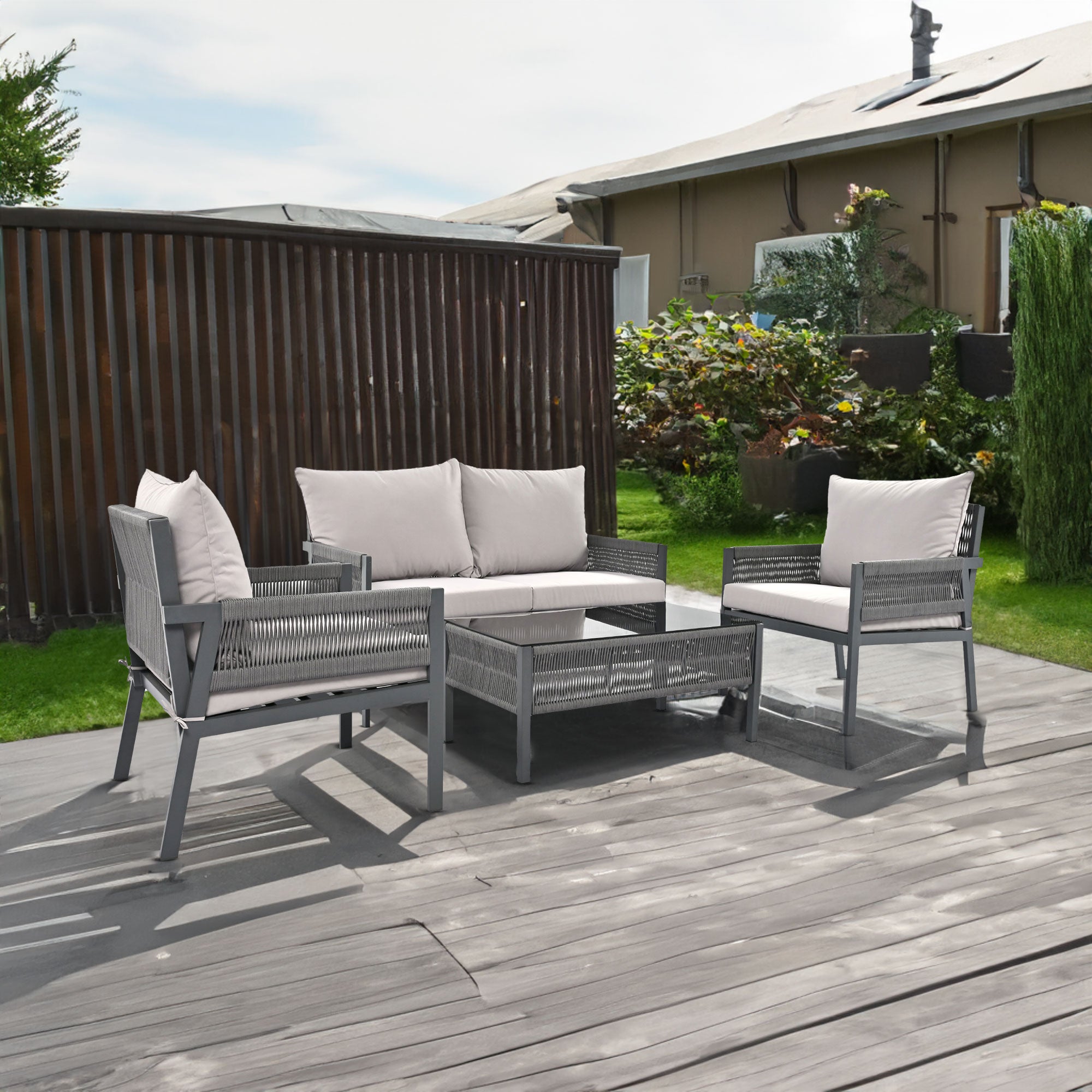 Mobilier d'extérieur avec table en verre trempé, assise profonde avec coussin épais pour porche, balcon, jardin (gris)