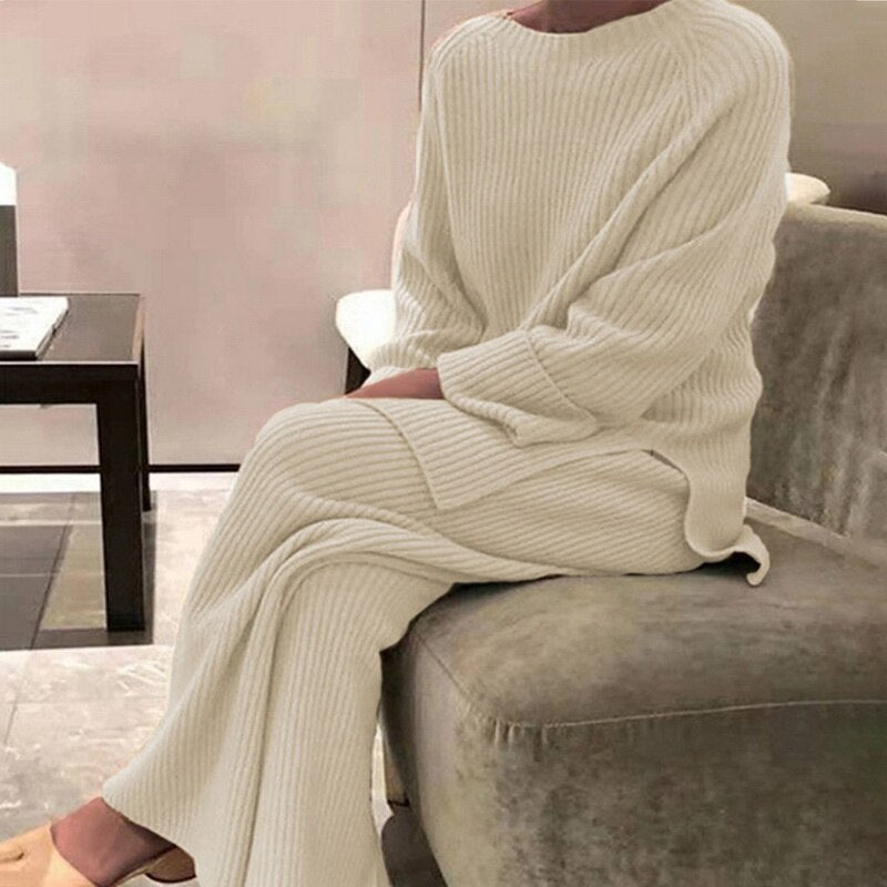 Women Knitted Autumn Winter O-neck Sweater 2 Piece Set  Fashion Solid Ladies Pullover Tops  Wide Leg Pants Home Suit