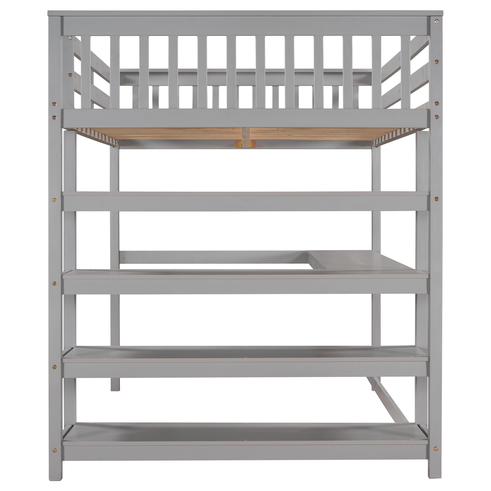 Full Size Loft Bed with Storage Shelves and Under-bed Desk, Gray