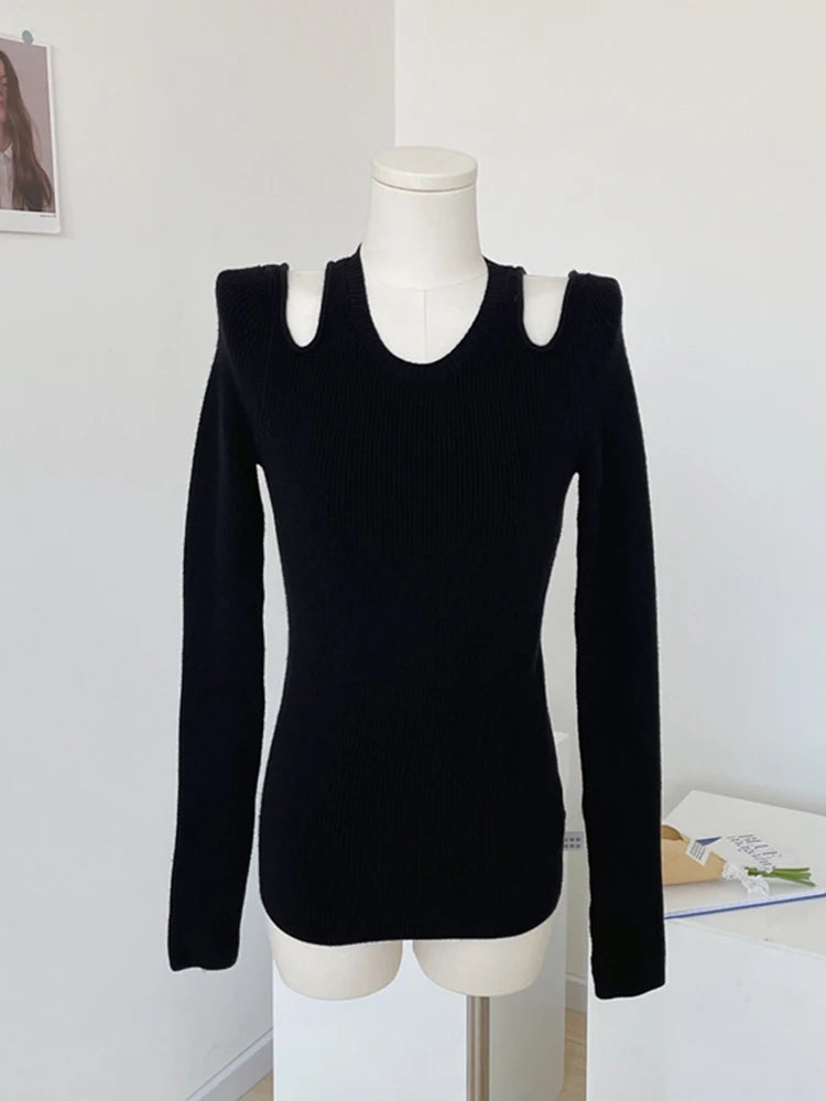 Sexy Hollow Out Solid Color Knitted Pullover Women's Slim Versatile O-neck Long Sleeve Sweater