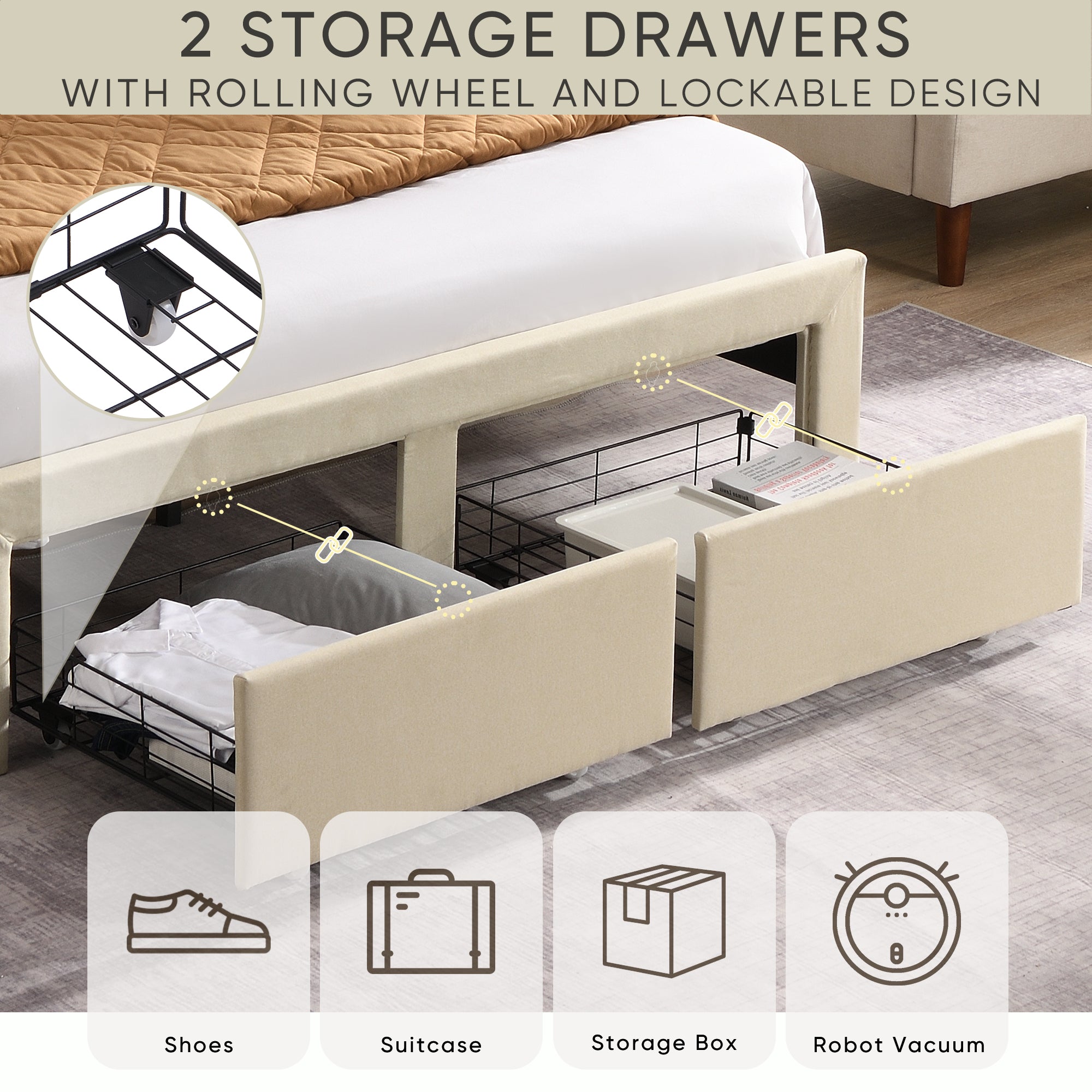 Full Size Bed Frame with 2 Storage Drawers Upholstered Bed Frame Beige