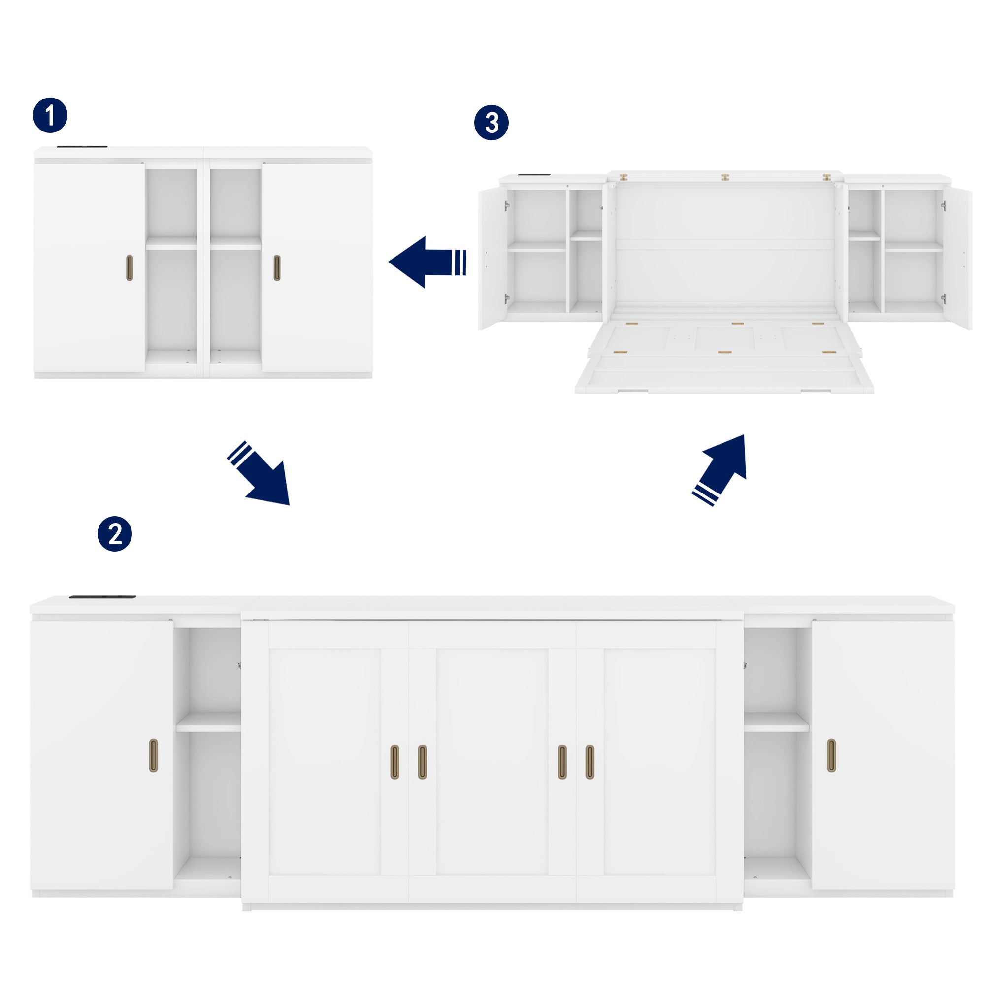 Full Size Murphy Bed with Shelves, Cabinets and USB Ports,White