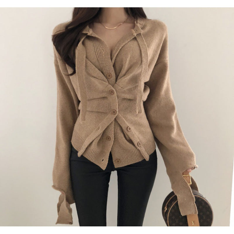 Solid Patchwork Folds Irregular Knitting Cardigan For Women Lapel Long Sleeve Spliced Buttons Slim Sweater Female