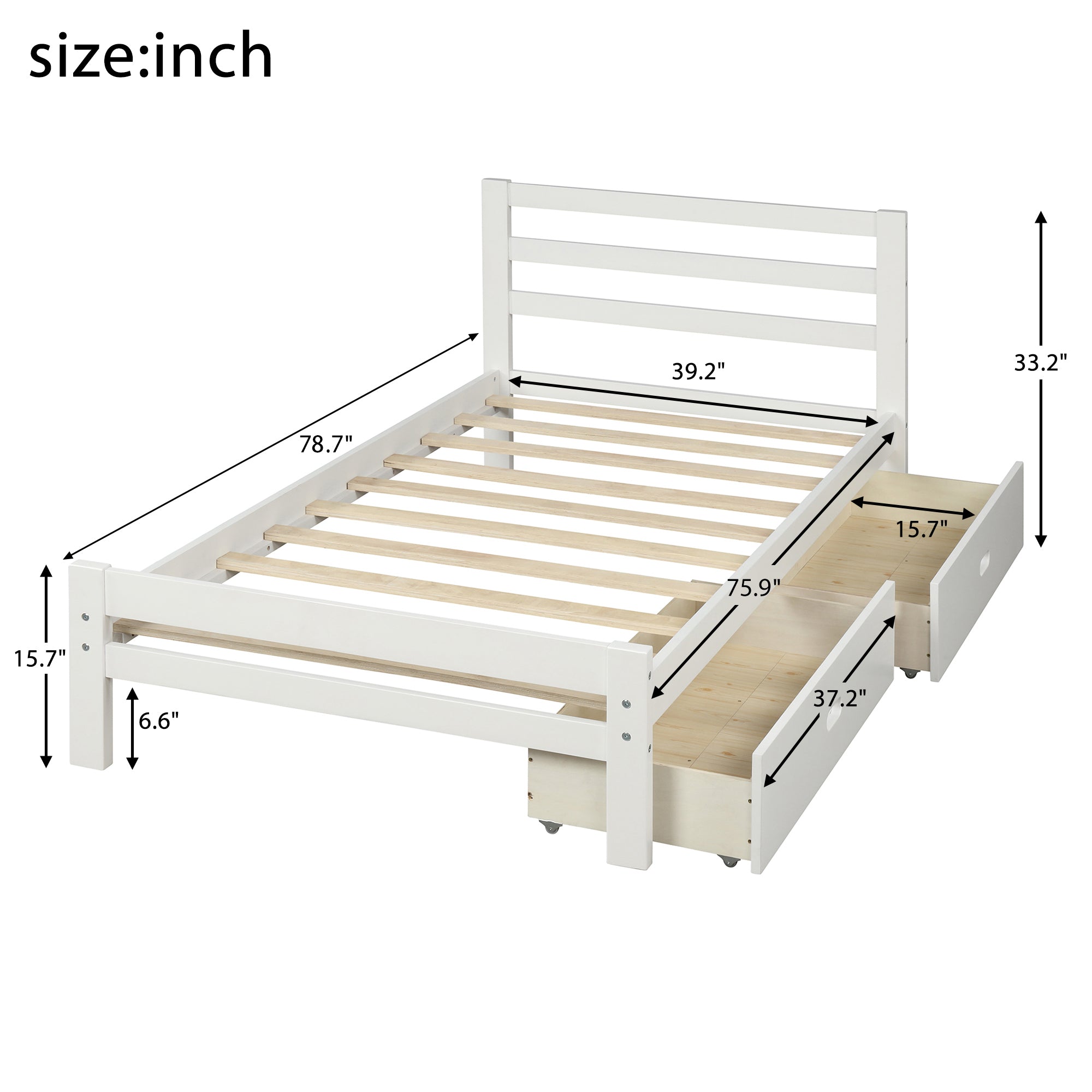 Lit plateforme en bois avec deux tiroirs jumeaux (blanc)