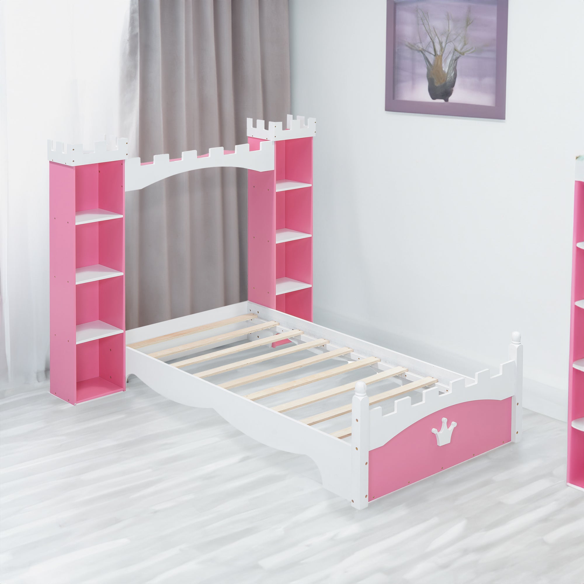 Lit en bois en forme de château avec étagère de rangement, lit plateforme double de rêve pour chambre d'enfant, rose + blanc