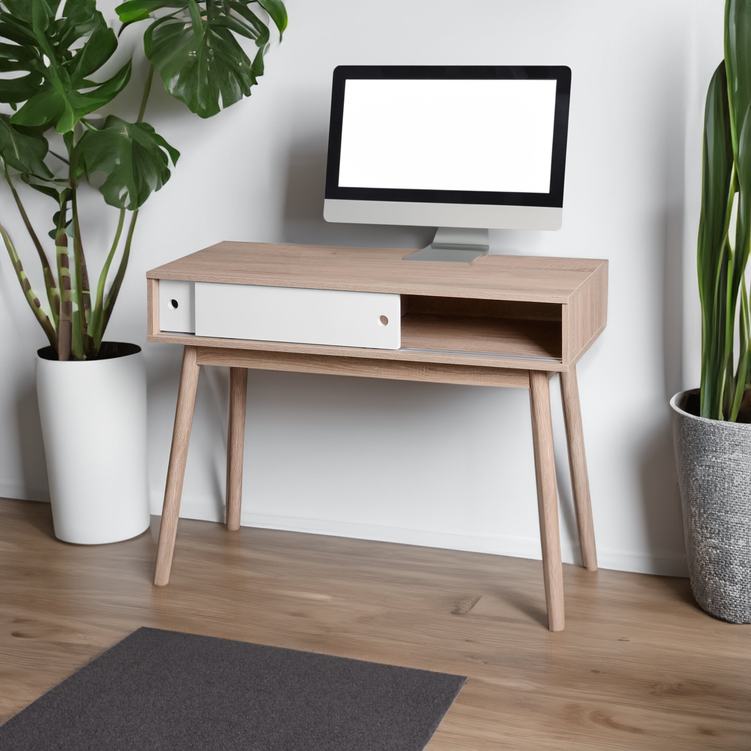 Kitchen Mid-Century Table Writing Desk with 2 Push-pull White Panel Drawers and Wood Legs, Natural Color