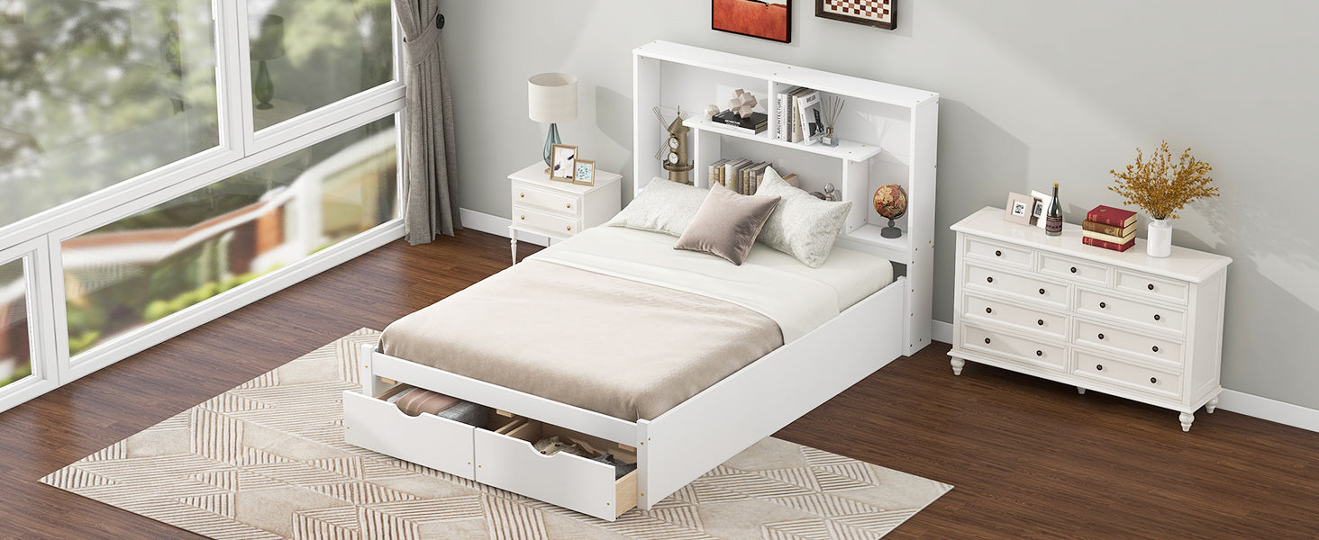 Cama de plataforma de tamaño completo con cabecera con espacio de almacenamiento y 2 cajones, color blanco